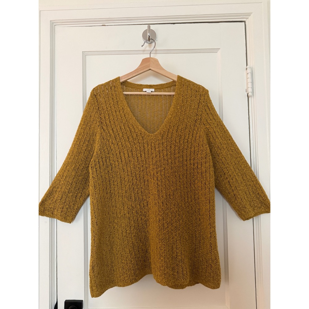 J.Jill Mustard Ochre Open Knit VNeck Tunic Sweater XLP Cotton Blend Coastal Boho